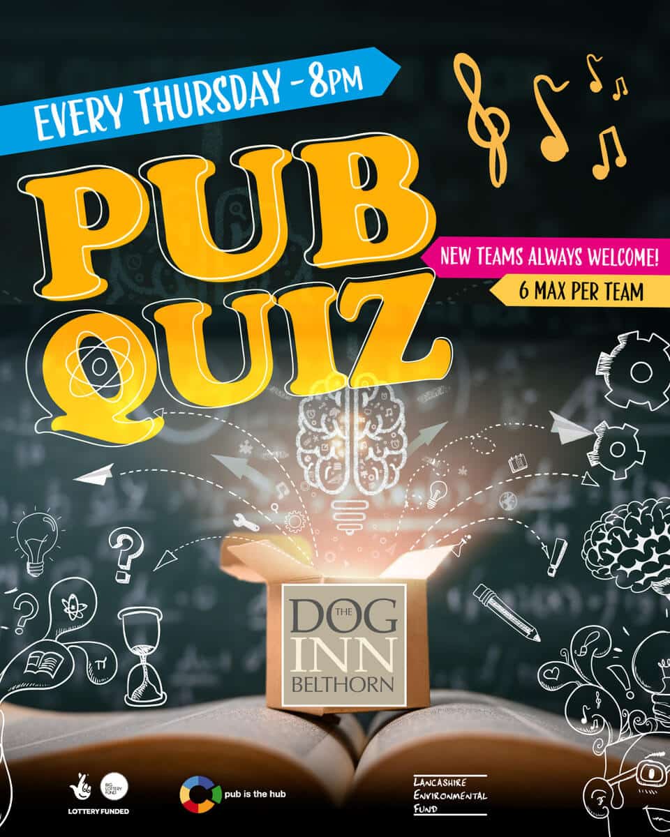 Pub Quiz poster for The Dog Inn Belthorn – advertising the weekly Thursday night quiz with prizes and fun for all teams